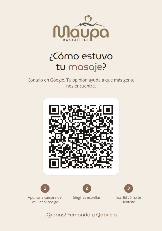 Cartel con código QR de Maupa Masajistas que invita a dejar una opinión en Google
